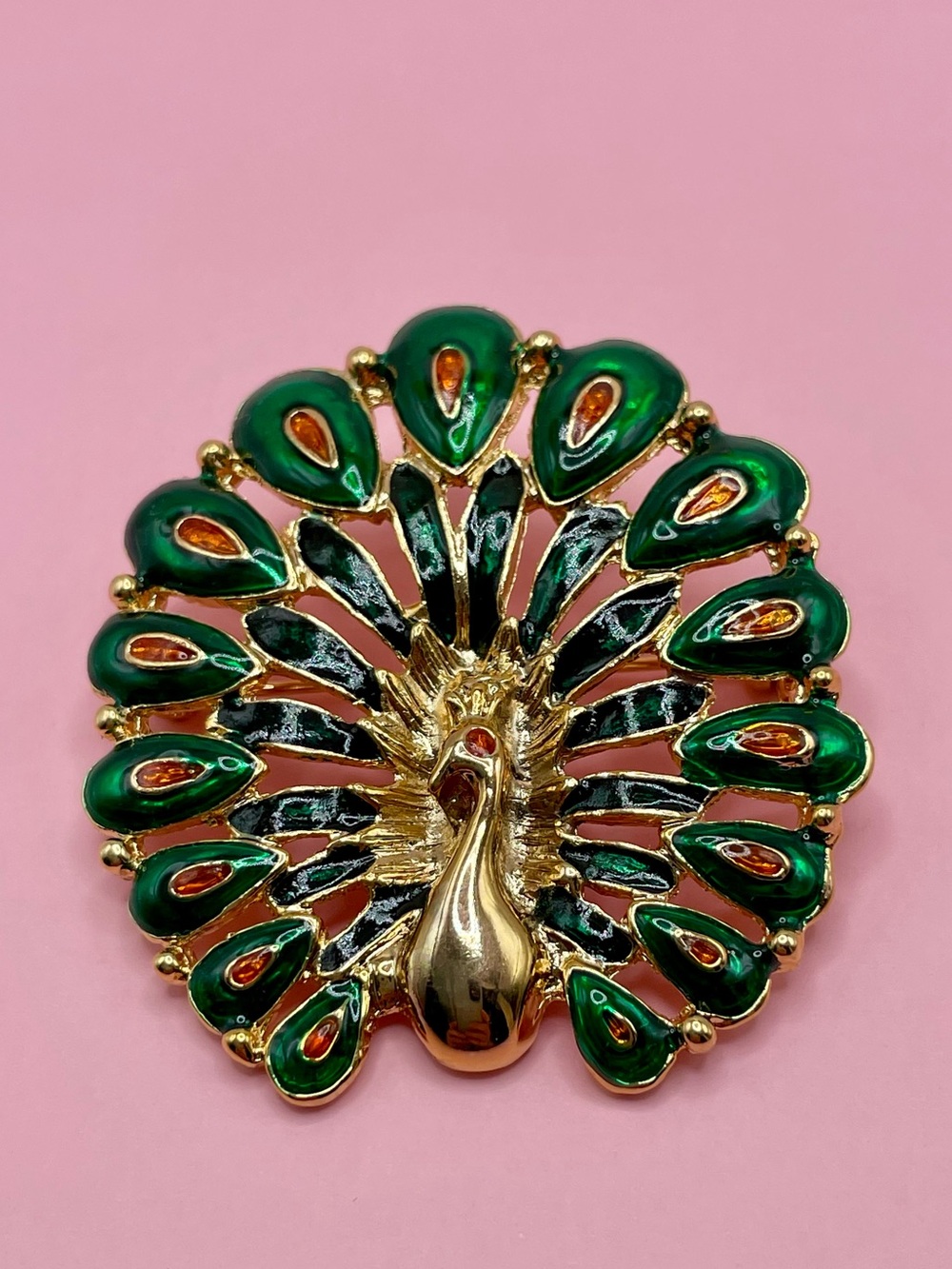 Rare Enamel Green/Black/Orange Gold-tone Peacock Brooch - HTF - Picture 6 of 6
